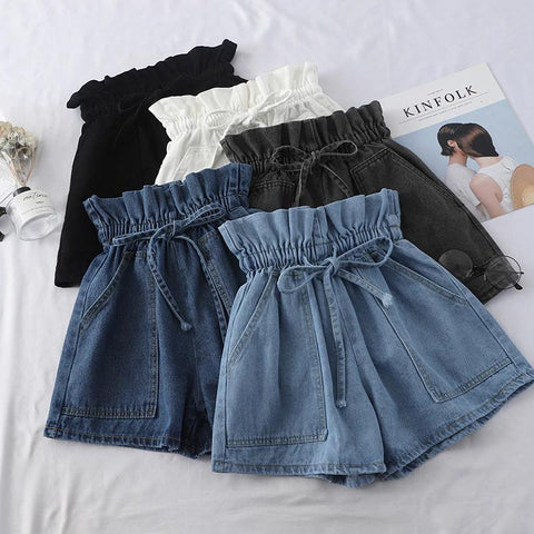 High Elastic Waist Denim Belt Tie Shorts