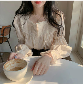 Long Puff Sleeve Square Collar Lace Blouse Shirt