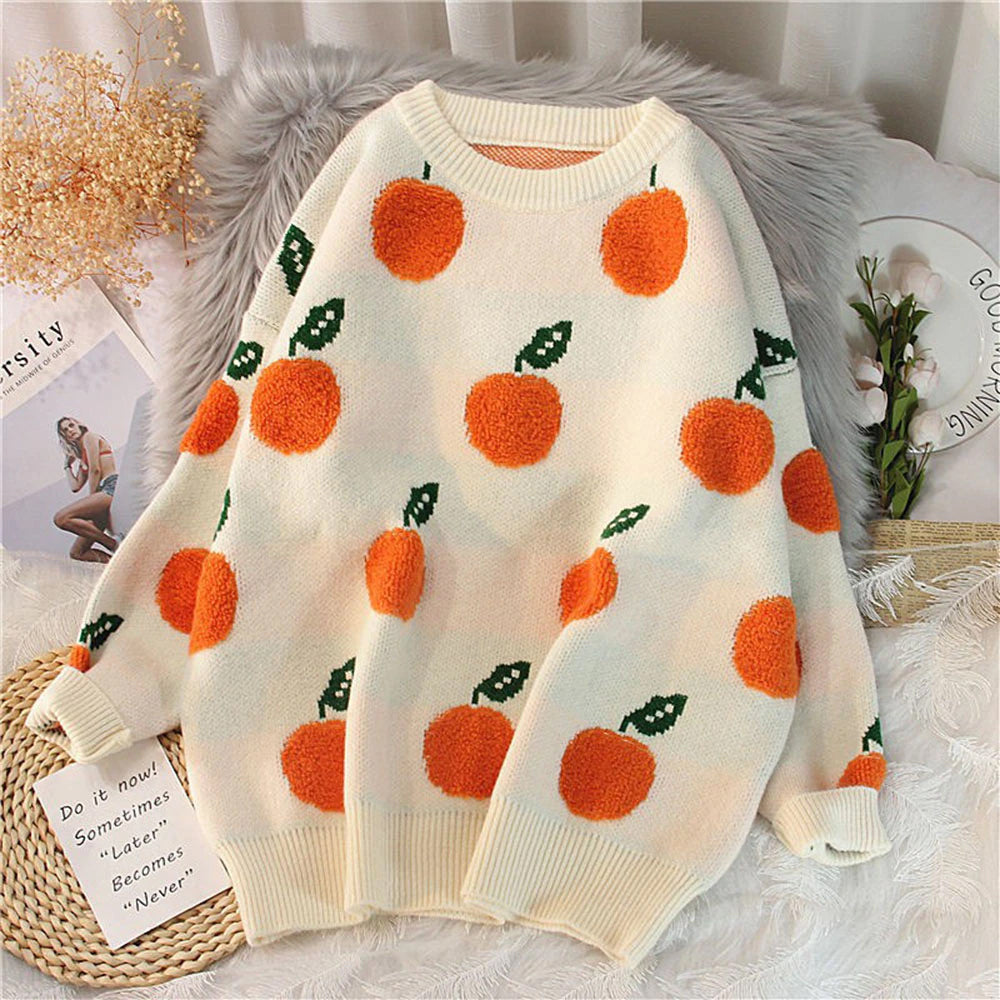 Loose Oversize Orange Fruit Embroidered Sweater