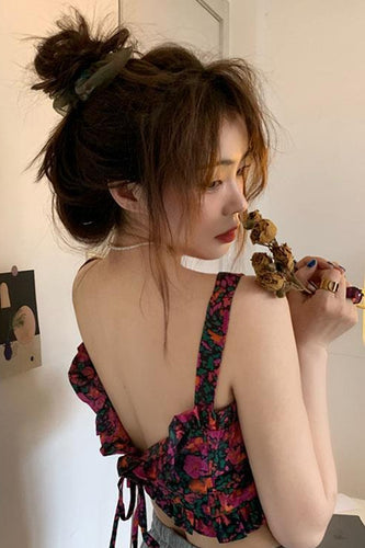 Flower Pattern Sexy Open Back Crop Tops