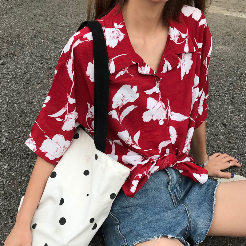 Red Floral Printed Blouse Short Sleeve Shirt