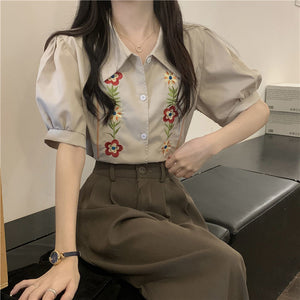 Short Sleeve Floral Embroidery Blouse Shirt