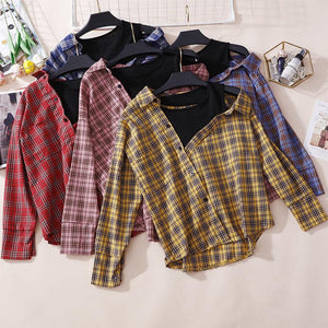 Plaid Blouse Asymmetrical Off Shoulder Shirt