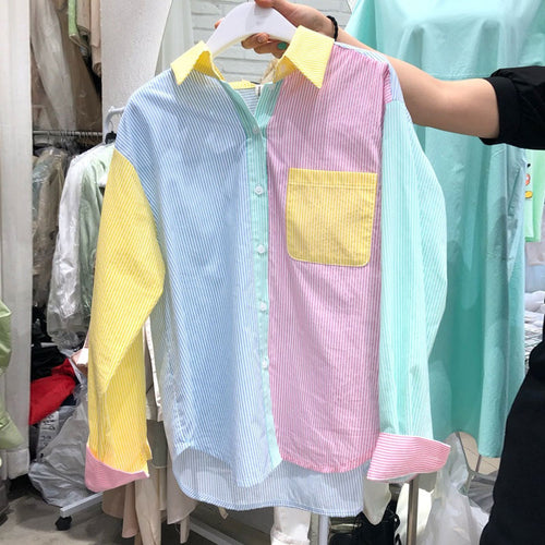 Hit Color Colorful Striped Blouse Long Sleeve Shirt