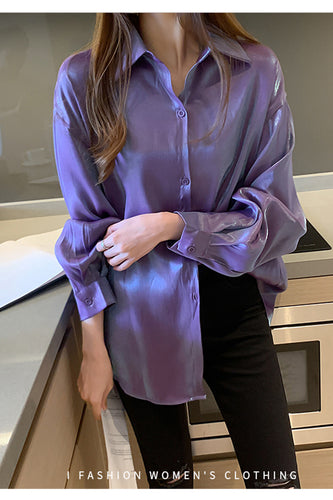 Long Sleeve Glossy Color Satin Blouse Shirt