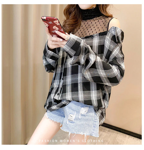 Polka Dot Mesh Patchwork Sexy Off Shoulder Plaid Shirt