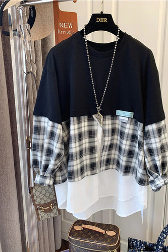 Vintage Loose Plaid Patchwork Sweatshirt