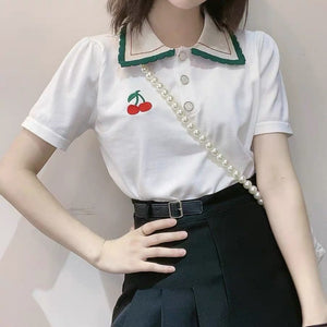 Cherry Pocket Embroidered Turn Down Collar Shirt
