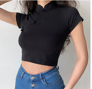 Sexy Stand Collar Cropped Slim Shirt