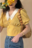 Yellow Plaid Puff Sleeve Retro Shirt