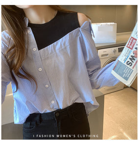 Fake Two Piece Off Shoulder Striped Splice Blouse Shirt