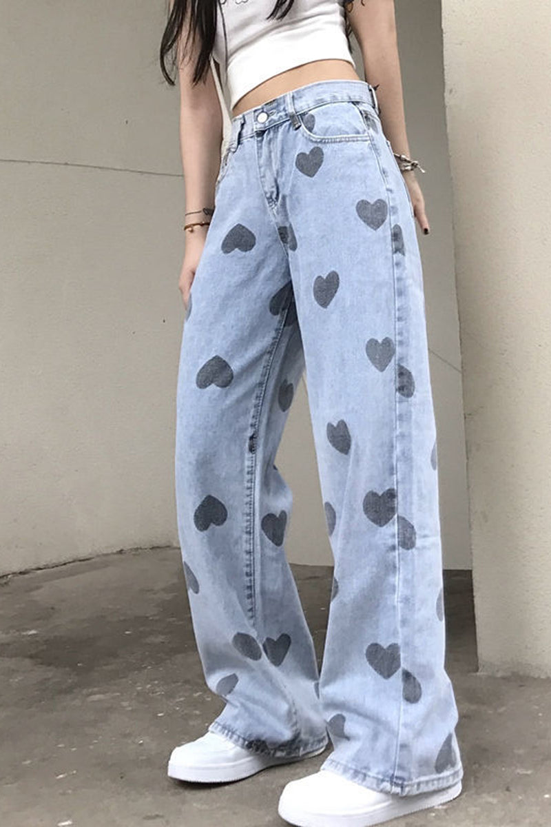 High Waist Heart Printed Long Jeans Pants – Tomscloth