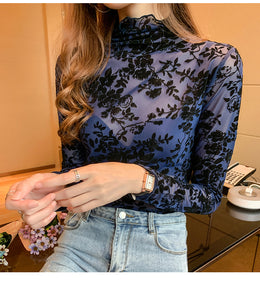 High Neck Florals Mesh Transparent Long Sleeve Shirt