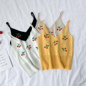 Knitted Cherry Embroidered Crop Top