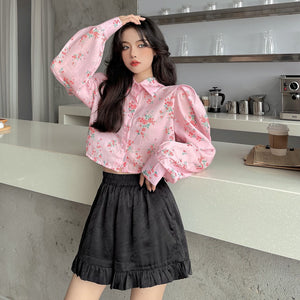 Retro Puff Sleeve Floral Pattern Pink Blouse Shirt