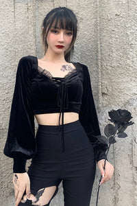 Sexy Goth Puff Sleeve Lace Cropped Tops