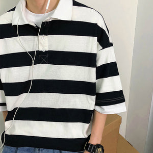 Big Striped Loose Oversize Polo Collar Shirt
