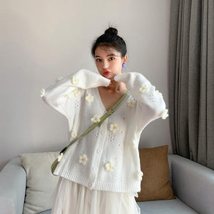 3D Flower Hollow Out Knitted Cardigan