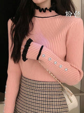 High Neck Lace Knitted Buttons Sweater