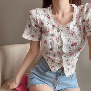 Flowers Printed Casual Knitted Slim Shirt