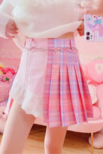 High Waist Lace Trim Half Colors Irregular Plaid Skirt