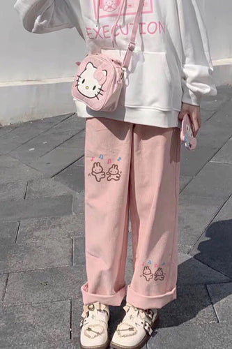 High Waist Cute Cartoon Pink Corduroy Pants