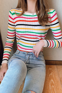 Long Sleeve Colorful Striped Slim O-Neck Sweater