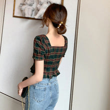 Puff Sleeve Plaid Square Neck Blouse