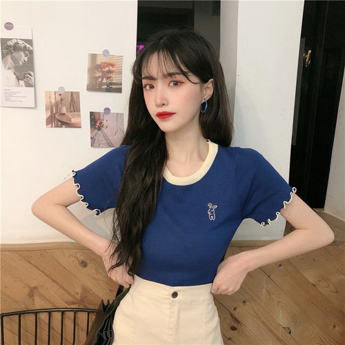 Rabbit Pocket Embroidery Slim Ruffled Shirt