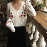 Vintage Flower Embroidery V Neck Cardigan Sweater