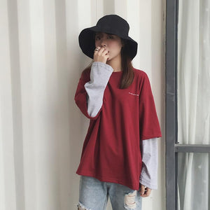 Retro Patchwork Fake Two Piece Long Sleeve Shirt