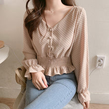 V-Neck Flare Sleeve Polka Dot Blouse Shirt