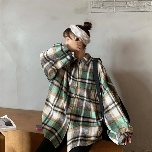 Korean Plaid Single Breasted Oversize Shirt