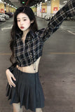Long Sleeve Zip Up Plaid Cropped Shirt