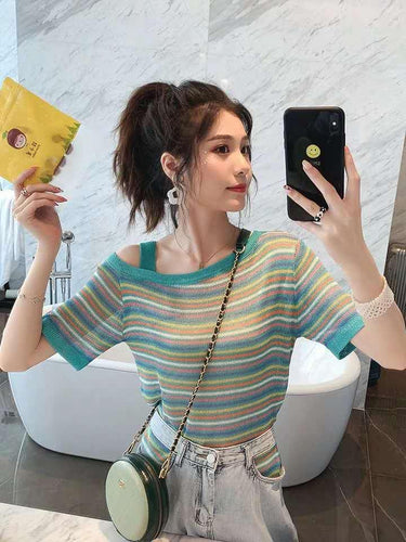 Rainbow Striped Skew Collar Off Shoulder Shirt