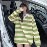Long Sleeve Green Striped Turn Down Collar Sweatshirt