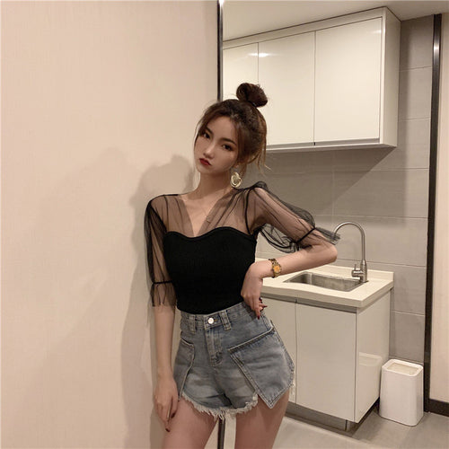 Sexy Puff Sleeve Mesh Transparent Knitting Shirt