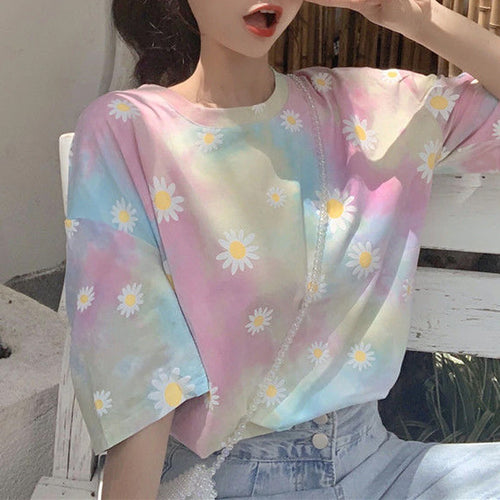 Daisy Flower Printed Tie Dye Shirt