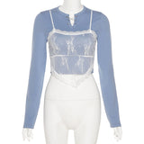 2 Pieces Blue Solid Cotton With Lace Tops