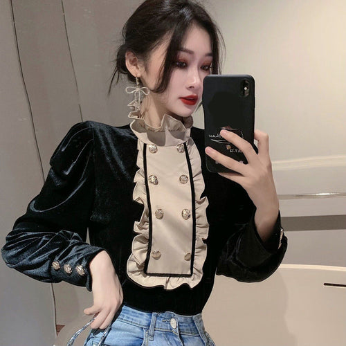 Long Sleeve Stand Collar Elegant Velvet Blouse Shirt