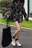Long Sleeve Floral Printed Black Blouse Shirt