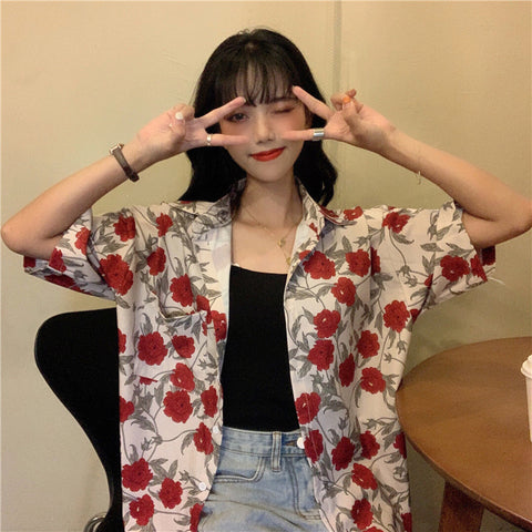 Red Florals Short Sleeve Blouse Shirts