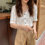 V-Neck Chic Hollow Out Short Sleeve Shirt