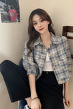 Three Quarter Sleeve Plaid Blouse Crop Top