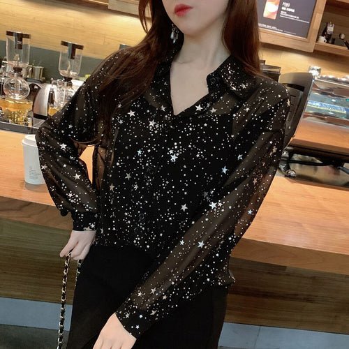 Long Sleeve Stars Printed Chiffon Blouse Shirt