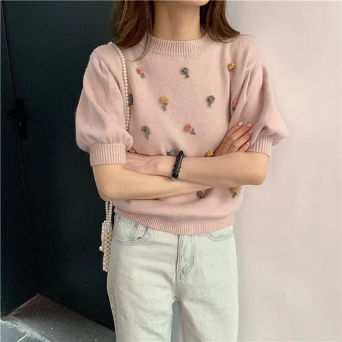 Beading Flowers Pattern Puff Sleeve Knitted Shirt