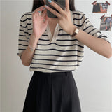 Stripe Knitted Turn Down Collar Shirt