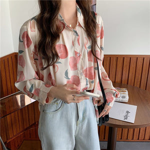 Retro Peach Pattern Printed Blouse Shirt