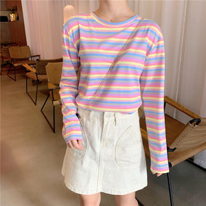 Long Sleeve Rainbow Striped O-Neck Shirt