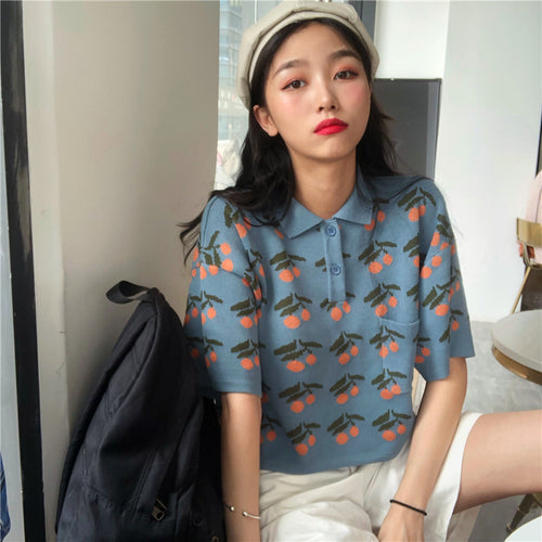 Orange Fruit Printed Loose Crop Top Slim Shirt